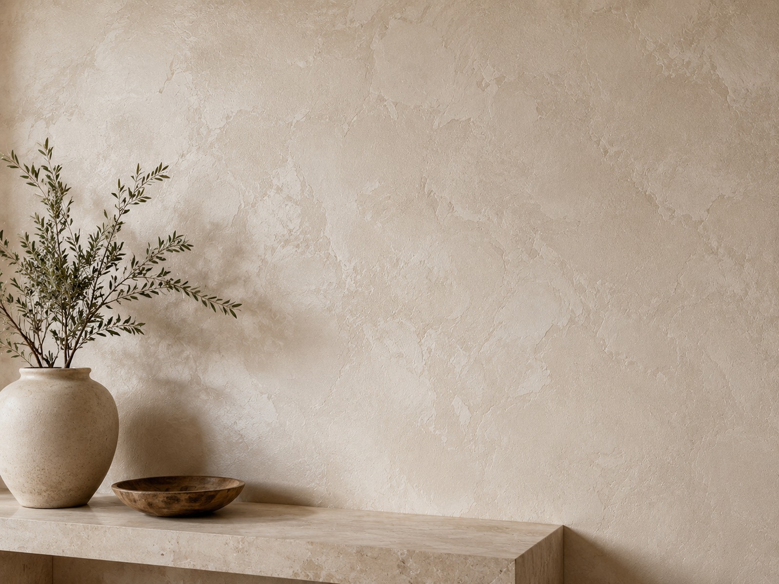 Modern interior with warm specialty wall finish