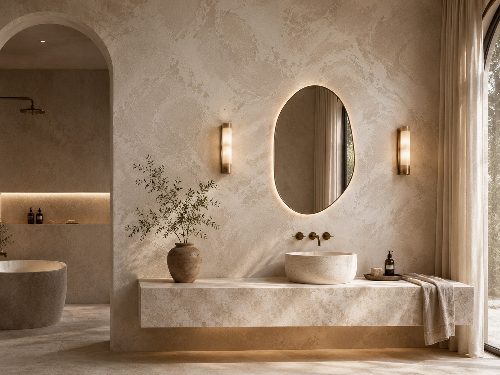 Illuminated arched niche with a custom wall finish