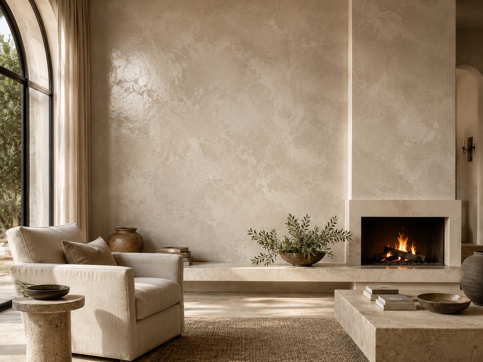 Neutral limewash wall with soft tonal variation behind sculptural furniture