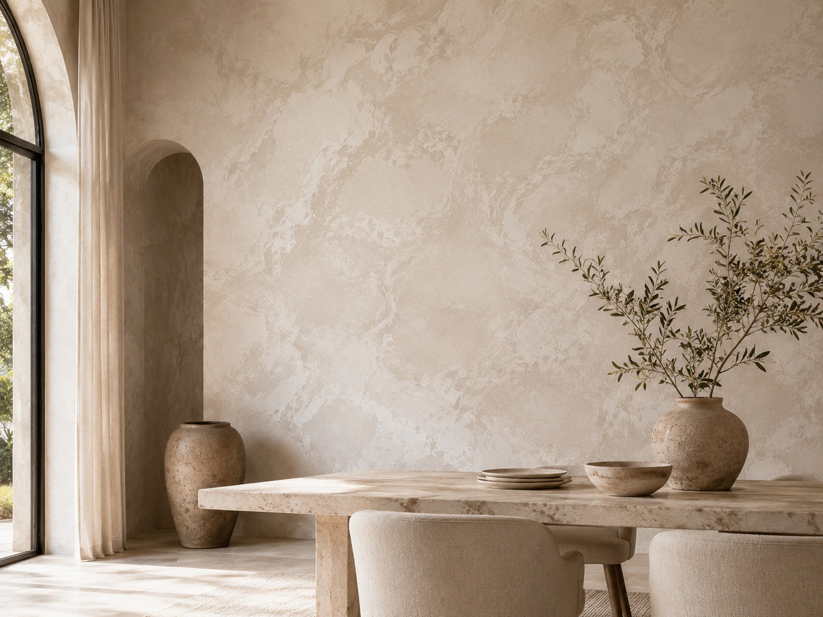 Elegant living room with softly polished Venetian plaster walls